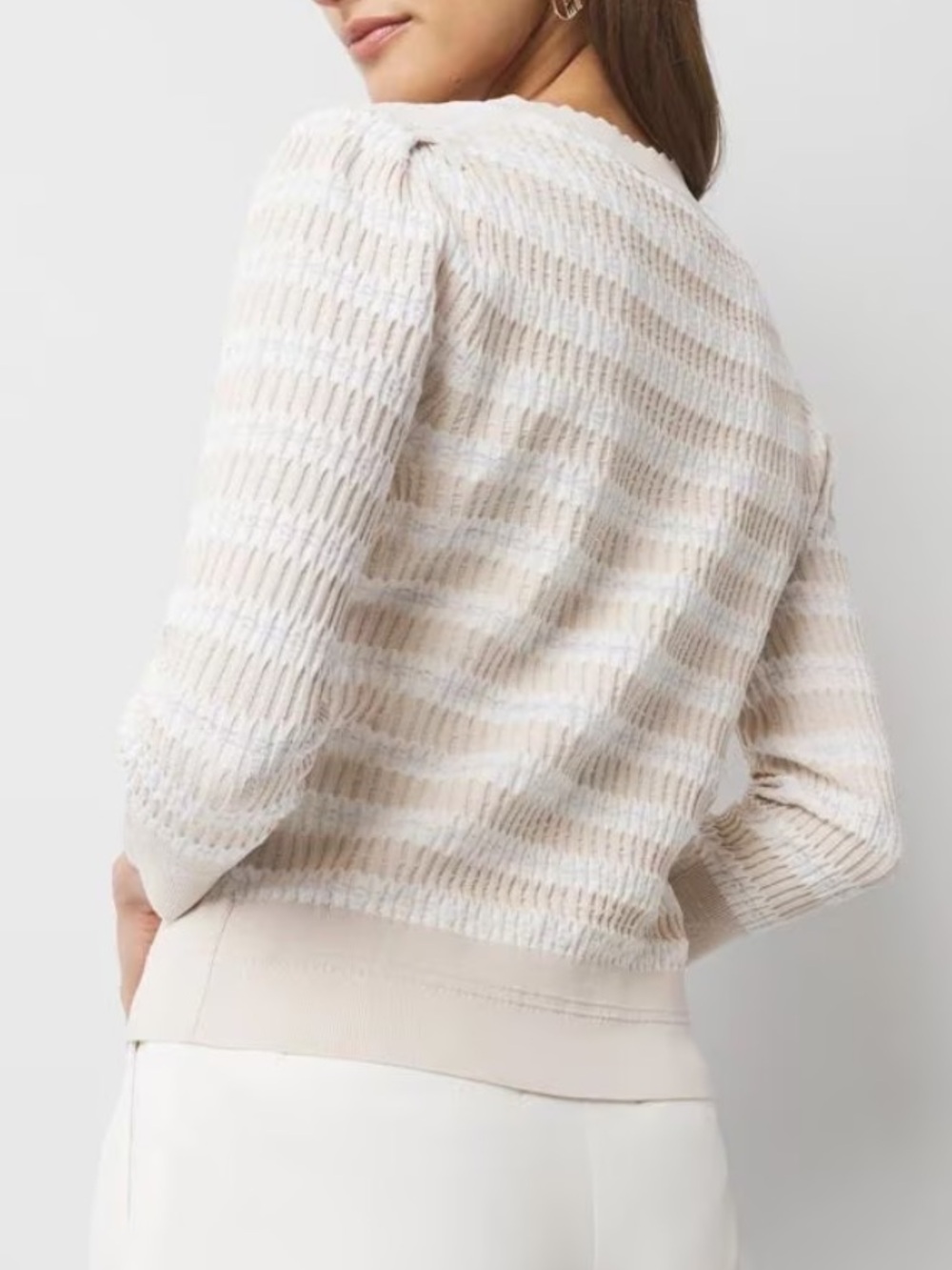 WHBM Textured Stripe Cardigan XL NWT Pearl Dust Geo Stripe Scallop Trim - Picture 2 of 8